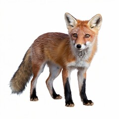 Fototapeta premium Elegant Red Fox with Bushy Tail and Reddish-Brown Fur Standing Isolated on White Background.