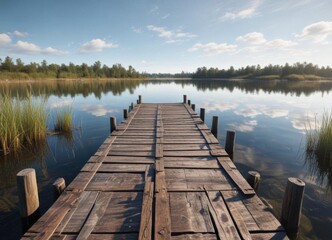 Naklejka premium Abandoned wooden dock on a lake, weathered planks and reeds, wooden dock, nature