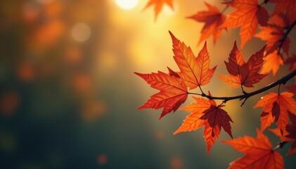 Fototapeta premium Vibrant fall leaves swirl, branches silhouetted against bokeh sky , yellow, golden