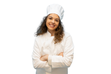 Smiling female chef crossing arms on transparent background