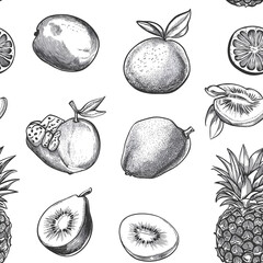 seamless pattern with different kinds of fruit orange, kiwi, mago, papaya, pineapple
