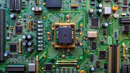 Technical components assembled on a modern circuit board background with various electronic devices and wires, technology, computer hardware