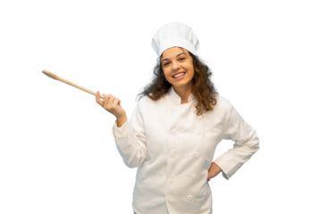 Smiling chef holding wooden spoon on transparent background