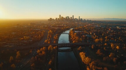 Denver Skyline Sunrise Aerial View