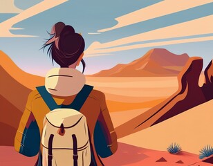 Fototapeta premium 砂漠を見ている女性旅人の後ろ姿