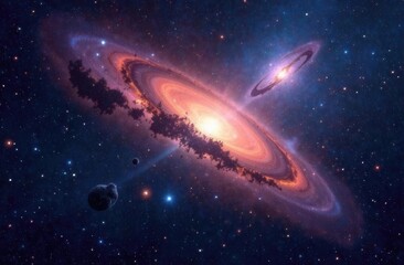 Fototapeta premium Stunning cosmic phenomenon featuring bright galaxy with surrounding planets and stars in vibrant space