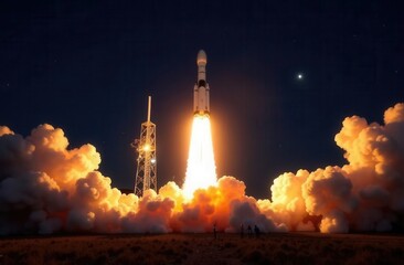 Powerful nighttime rocket launch against starry sky with spectators watching
