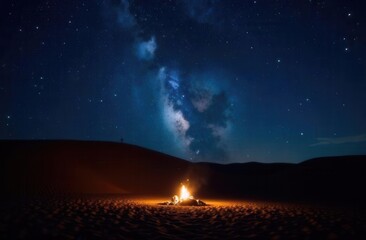 Stunning night sky over desert campfire and starry milky way