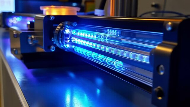 A closeup of a specialized UV light source where the intensity and wavelength settings are clearly displayed on a digital interface. The glass housing reveals the intricacies of the