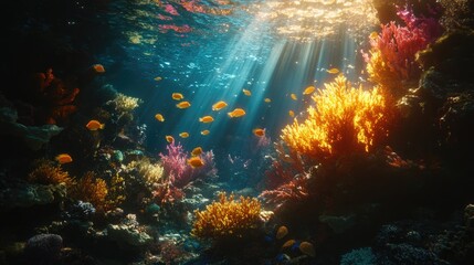 Fototapeta premium A thriving coral reef with bright coral, exotic fish, and golden sunlight streaming through the water in a stunning underwater setting