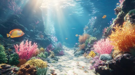 Obraz premium A thriving coral reef with bright coral, exotic fish, and golden sunlight streaming through the water in a stunning underwater setting