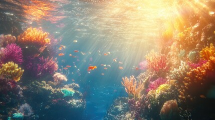 Obraz premium A thriving coral reef with bright coral, exotic fish, and golden sunlight streaming through the water in a stunning underwater setting