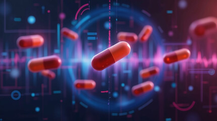 Futuristic Digital Medical Environment with Capsules and Pills