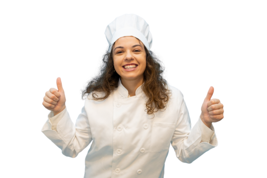 Smiling female chef gesturing thumbs up on transparent background