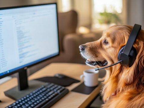 Golden retriever dog wearing headset working from home office