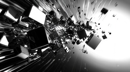 Geometric Abstract Artwork of Reflective Cubes in Black and White with Motion