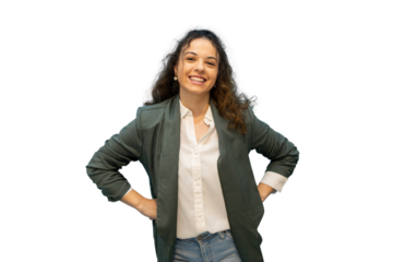 Smiling businesswoman posing with hands on hips on transparent background