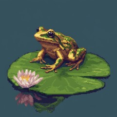 Obraz premium Pixel Art Frog on Lily Pad with Water Lily