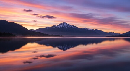 Fototapeta premium Majestic mountain view reflected on calm lake at sunset. Generative AI