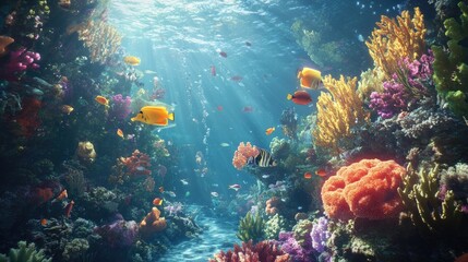 Naklejka premium A vibrant coral reef underwater, with tropical fish and radiant sunlight filtering through the clear water, creating an enchanting scene
