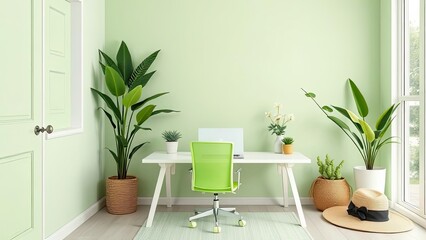 Modern Home Office Workspace with Green Chair Plants