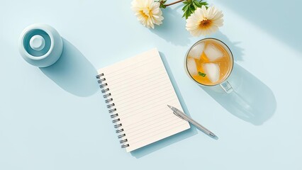 Flatlay Iced Tea Notebook Pen Flowers Blue Background
