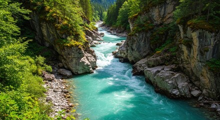 Fototapeta premium Turquoise river flowing between rocky cliffs in a forest. Generative AI