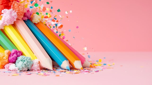 Pastel Pencils with Geometric Shapes and Vibrant Colors Arrangement Against Pink Backdrop a Sweet Festive Presentation with Decorative Elements