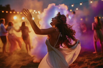 Naklejka premium Woman dancing joyfully at an outdoor celebration, surrounded by colorful smoke, string lights, and a lively crowd, embracing freedom, happiness, and the magic of the moment in a festive atmosphere