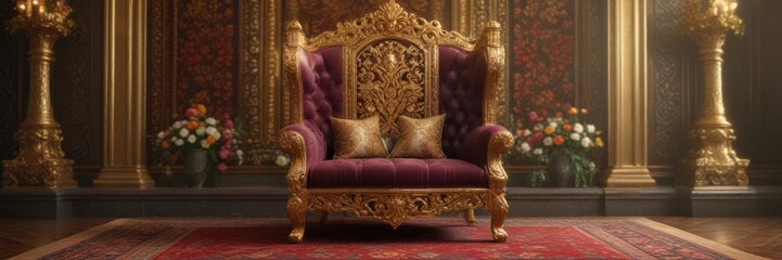 Regal throne with intricate patterns and golden accents against a lavish background of rich textures and ornate florals ,  ornate,  marble,  florals