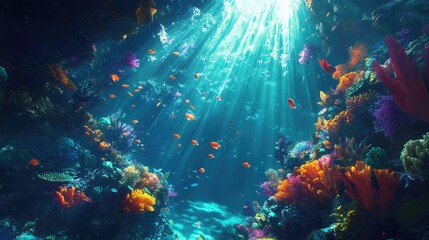 Obraz premium A vibrant underwater coral reef with schools of fish swimming among colorful coral, illuminated by sunlight streaming through the surface