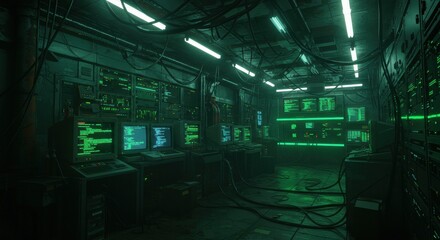 Dark computer lab with glowing green screens and cables. Generative AI