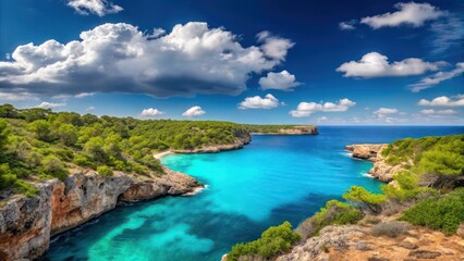 Obraz premium a picturesque coastal landscape with crystal-clear blue water, cliffs and lush greenery under a bright, sunny sky with clouds