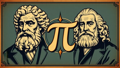 An artistic render featuring two historical figures with prominent beards and the π symbol, celebrating the contributions of mathematicians, suitable for educational and inspirational purposes.