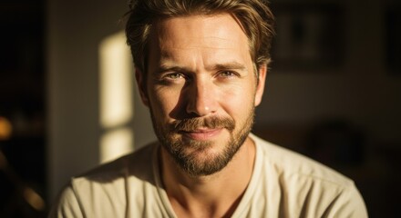 Obraz premium Man with a beard smiling warmly in soft sunlight. Generative AI