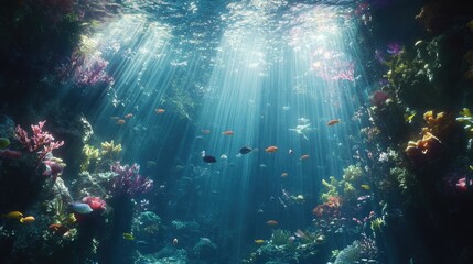 Obraz premium An underwater paradise of vibrant coral reefs, tropical fish, and shimmering rays of sunlight breaking through the water above