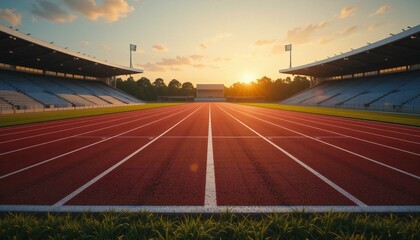 Athletic Field with Eight Red Rubber Tracks at Sunset.