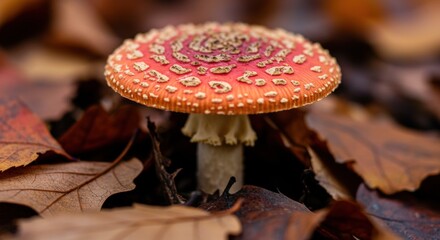 Obraz premium Bright red mushroom surrounded by colorful autumn leaves. Generative AI