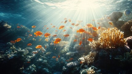 Obraz premium An underwater wonderland featuring a vibrant coral reef filled with colorful fish and sunlight beams creating a serene glowing effect