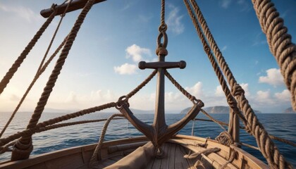 Sailor's anchor hanging from a wooden boat mast,  wooden,  ocean,  nautical