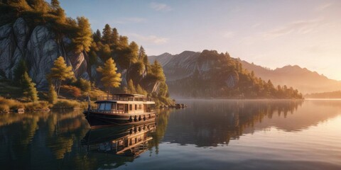 Fototapeta premium Scenic landscape of a serene lake at sunrise with a luxurious hotel boat docked on the shore, lake scenery, sunrise, dock