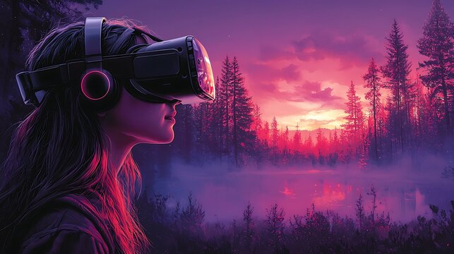 Person Wearing VR Headset in Futuristic Pixel Art Landscape with Sunset Forest Lake and Purple Hues Reflecting Augmented Reality Experience