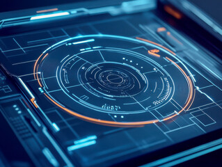 Futuristic head up display showing rotating circles and data analysis graphs