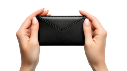 Black leather cardholder held by two hands isolated on transparent background, PNG