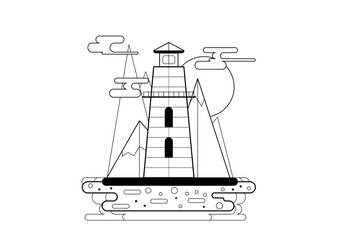 A tall lighthouse rises above waves, surrounded by stylized mountains and clouds. Evening light casts a warm glow, creating a serene maritime atmosphere, perfect for reflection.