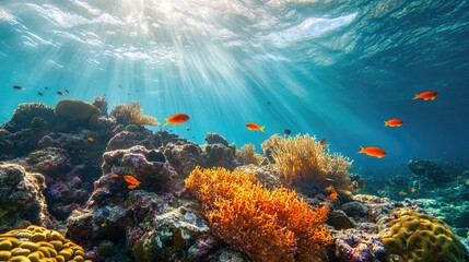 Fototapeta premium A colorful coral reef scene filled with glowing sunlight, vibrant marine life, and intricate coral formations in crystal-clear water