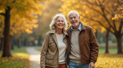 Fototapeta premium A couple of older people are smiling and walking together in a park. Scene is happy and relaxed.