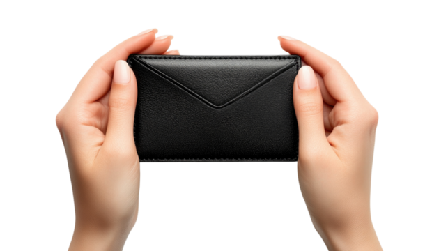 Black leather cardholder held by two hands isolated on transparent background, PNG - Powered by Adobe