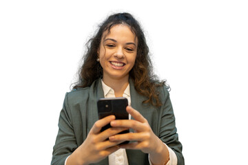 Smiling businesswoman using smartphone with transparent background