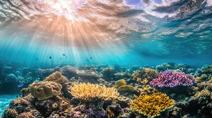 Fototapeta premium A colorful underwater scene with a thriving coral reef, schools of fish, and shimmering sunlight breaking through the water's surface